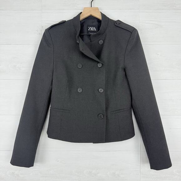 Zara Fitted Blazer Jacket with Tabs Medium Dark Gray Academia Double Breasted - Picture 4 of 16